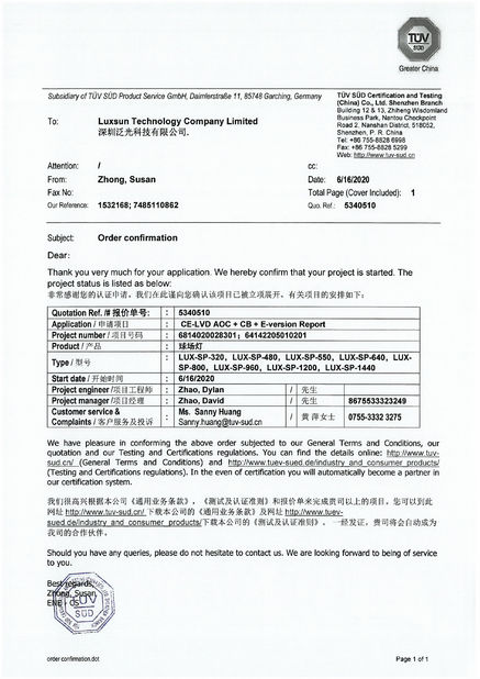 China Luxsun lighting Co.,Ltd Certificações