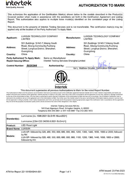 China Luxsun lighting Co.,Ltd Certificações
