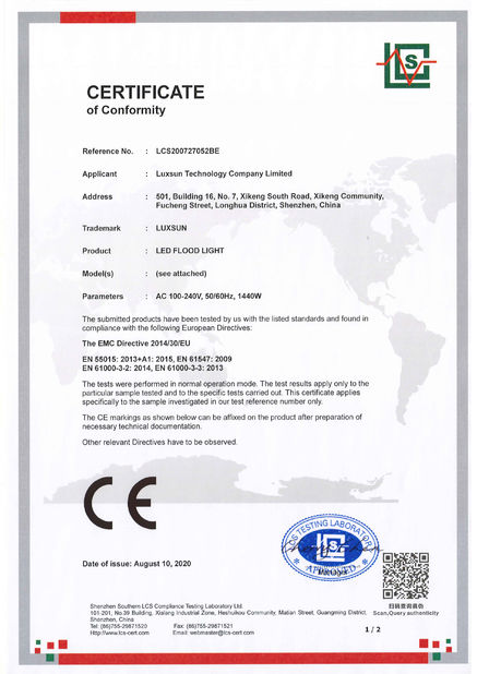 China Luxsun lighting Co.,Ltd Certificações