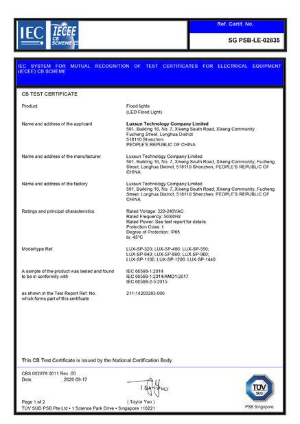 China Luxsun lighting Co.,Ltd Certificações